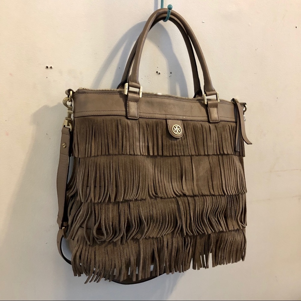 Tory Burch suede fringe crossbody tote bag.